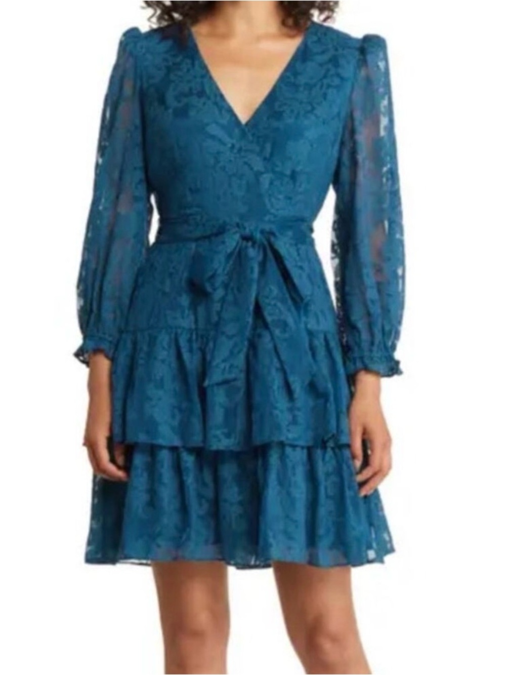Eliza J Teal Lace V-Neck Tiered Mini Dress